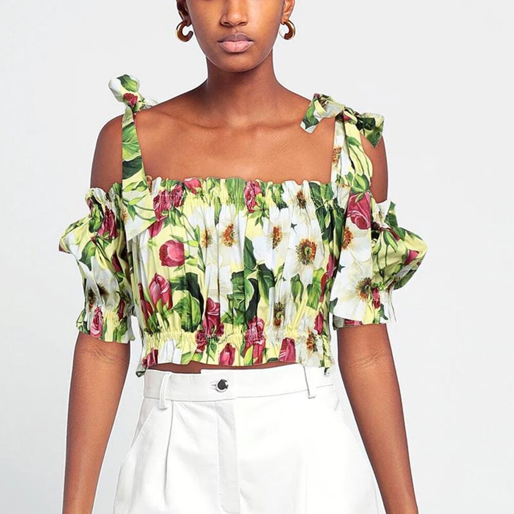 Dolce & Gabbana Multicolor Floral Print Cotton Off Shoulder Crop Top Small 40
